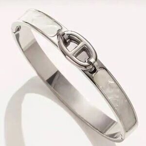 Silvertone Stainless Steel Geometric Bangle Bracelet Pearly White Inlay